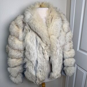 Vintage Sakowitz Genuine Fox Fur Knit Jacket Grey Cream Designer Luxury Coat M/L